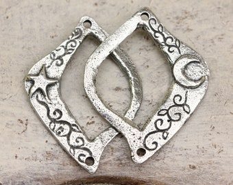 Breloques étoiles et lune, finition polie, 28 mm, asymétrique, composants de fabrication de bijoux artisanaux faits main, étain coulé à la main