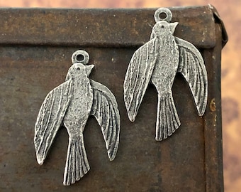 Bird Charms, Rustic, Handcrafted, DIY Earrings, Pewter Aged Finish, Antiqued, Artisan Handmade Jewelry Making Components, Handcast Jewellery