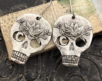 Skull w/ Crescent Moon & Vine Earrings, 1.4" Length, Handmade Dangles, Handcrafted, Hand-cast Pewter, Artisan, Metal