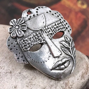 Polished Moon and Garden Face Mask Pendant, Artisan Handcrafted Jewellery Design, Handmade Jewelry Making Components, Handcast No. 156-PP