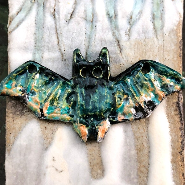 OOAK Bat Pendant, 44.5mm wide, Black/Turquoise/Gold, Halloween, Handpainted, Handmade Jewelry Making Supply, Artisan Components