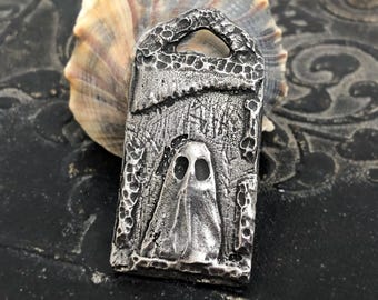 Ghost Pendant, Aged Finish, Handcrafted, Artisan, Jewelry Making Components, Handcast Pewter, Silver Metal, Supplies