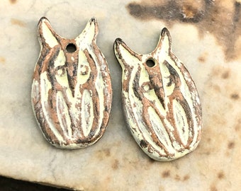 OOAK Owl Charms, 20mm tall, Pale Yellow, Handpainted, Handmade Jewelry Supplies, Artisan, Unique Jewelry Components for Earrings