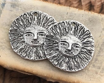 Sun Face Charms, Polished, Pewter, Artisan Handcrafted Jewelry Making Components, Metal