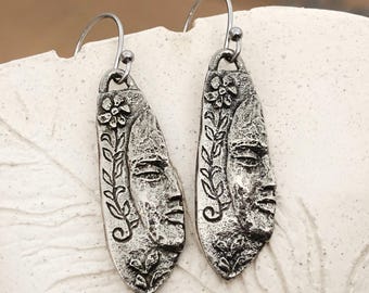 Face w/ Flower Earrings,  Pewter, Metal, Handmade Dangle Earrings, Handcrafted, Handcast Polished, Artisan Design