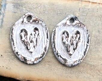 OOAK Heart Charms, 18mm tall, Rustic White, Handpainted, Handmade Jewelry Supplies, Artisan, Unique Jewelry Components for Earrings, Pewter