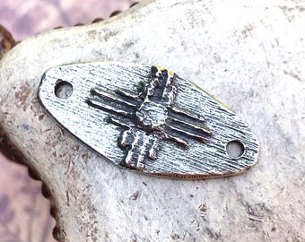 Zia Sun Bracelet Pendant, Handcrafted Artisan Handmade Jewelry Making Components Focal Connector Bar Statement, Pewter, Silver Metal