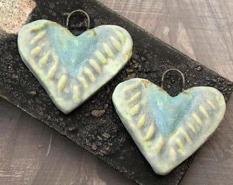 OOAK Ceramic Heart Charms, 29mm wide, Satin Finish, Glazed Stoneware, Handmade Jewelry Making Supply, Artisan Components