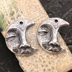 Handmade Face w/ Crescent Moon Charms, Aged Finish, Artisan Handcrafted Pewter Jewelry Making Components, Crafting, for Earrings, DIY