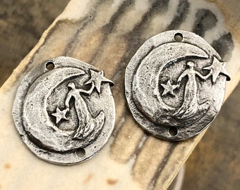 Handmade Moon Lady Charms, Celestial, Star, Moon, Connectors, Polished Pewter, Metal, Artisan Design, Jewelry Making, Unique Components