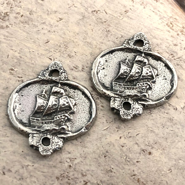 Ship Charms, Polished, Handmade Jewelry Making Supplies, Marine Boats Artisan DIY Crafting Components, Hand Cast Pewter Metal