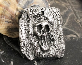 Skull Pendant, Aged Finish, Handcrafted, Artisan, Jewelry Making Components, Handcast Pewter, Silver Metal, Supplies