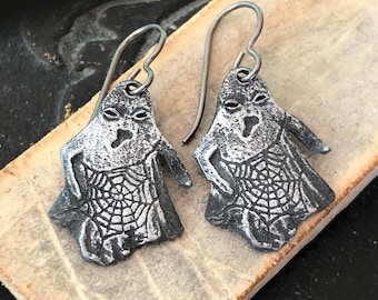OOAK Ghost Earrings Polished, Handcast Pewter, Minimalist, Dangle, Handmade, Artisan