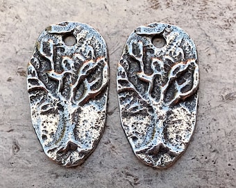 Tree of Life Charms, Handmade Artisan Jewelry Making Components, DIY Crafting Supplies, Handcast Pewter Polished Metal, 2-CP