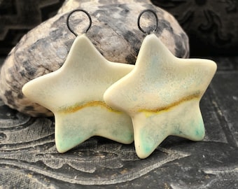 OOAK Ceramic Star Charms, 34mm tall, Satin, Glazed Stoneware, Handmade Jewelry Making Supply, Artisan Components