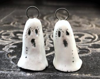 Halloween OOAK Porcelain Ghost Charms, 22mm tall, Gloss Finish, Glazed Ceramic, Handmade, Artisan, One of a Kind, Halloween