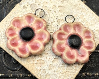 OOAK Flower Charms, 25mm Dia., Gloss & Satin Finish, Glazed Stoneware, Handmade Jewelry Making Supply, Artisan Components