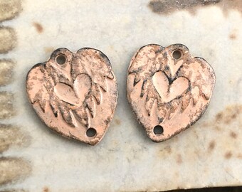 OOAK Heart Connector Charms, 15.5mm tall, Light Terra Cotta, Handpainted, Handmade Jewelry Supplies, Unique Components for Earrings, Pewter