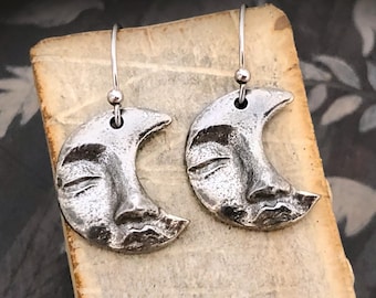 Moon Face Earrings, Celestial, Handmade, Dangles, Polished, Handcast Pewter