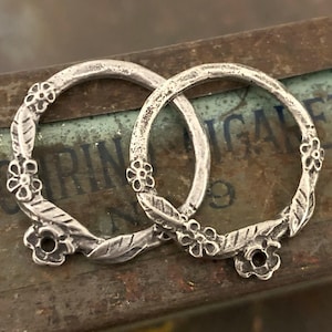 Flower Hoop, Pewter Charms, Aged, Rustic, Earring Charms Findings, Artisan Handcrafted Handmade DIY Jewelry Making Connector Components