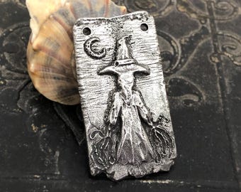 Witch Pendant, Aged Finish, Handcrafted, Artisan, Jewelry Making Components, Handcast Pewter, Silver Metal, Supplies