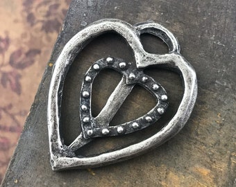 Handmade Heart Pendant, 40mm, Handcrafted Artisan Jewelry Making Components, DIY CraftingParts  for Necklaces, Pewter Metal  299-PD