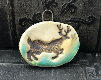OOAK Ceramic Deer Pendant, 34.5mm Wide, Satin, Glazed Stoneware, Handmade, Artisan, One of a Kind