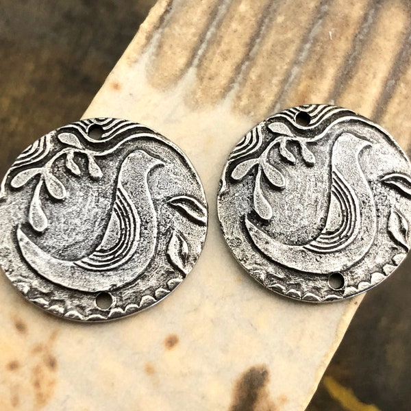 Bird Connector Charms, Handmade, Metal, Polished Pewter, Folk Art, Artisan Design, Handcrafted, Unique Jewelry Components for Earrings