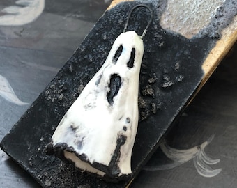 Halloween OOAK Porcelain Ghost Pendant, 40mm tall, Satin Finish, Glazed Ceramic, Handmade, Artisan, One of a Kind