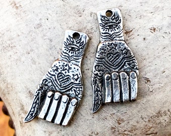 Handcrafted Hand Charms for Earring and Necklace Making, Handmade Jewelry Components, Artisan Design, Hand Cast Pewter Metal - 323-CP