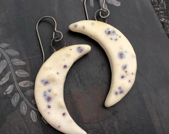 Crescent Moon Earrings, Ceramic, OOAK, Dangle, Handmade, Artisan, Magical