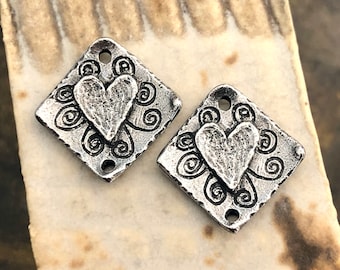 Handmade Heart, Connectors Charms, Polished Pewter, Metal, Artisan Design, Handcrafted, Unique Jewelry Components for Earrings & Necklaces