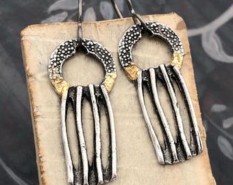 OOAK Art Deco Style Earrings Polished, Handcast Pewter, Minimalist, Dangle, Handmade, Artisan