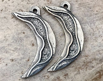 Artisan Crescent Moon Charms for Earrings and Necklaces, Handcrafted Jewelry Making Components, Unique Handmade Pewter Metal Design - 186-CP