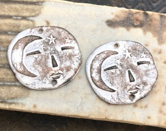 OOAK Moon Face Connector Charms, 19mm tall, White, Handpainted, Handmade Jewelry Supplies, Unique Components for Earrings, Pewter