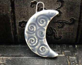 OOAK Ceramic Moon Pendant, 48mm Tall, Glossy, Glazed Stoneware, Handmade, Artisan, One of a Kind