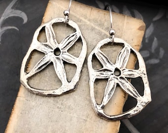 Openwork Flower Earrings Polished, Handcast Pewter, Minimalist, Dangle, Handmade, Artisan