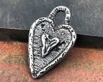 Rustic Handmade Heart Pendant for Necklaces, Unique Handcrafted Jewelry Making DIY Craft Components, Aged Pewter Metal
