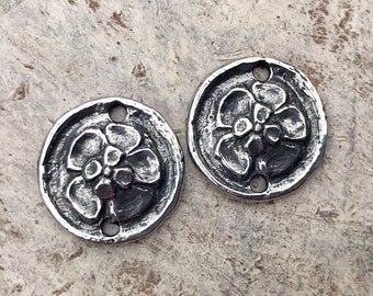 Polished Tiny Flower Connector Charms, 13.5mm tall, Handcrafted Jewelry Making Components, DIY Crafting Charms, Hand Cast Pewter, 191-CP