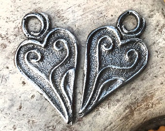 Pewter Heart Charms, Polished 32mm, Handmade Artisan Jewelry Making Components, DIY Crafting Supplies, Hand Cast Pewter Metal 305-CP