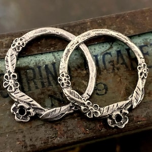 Flower Hoop, Pewter Charms, Aged, Rustic, Earring Charms Findings, Artisan Handcrafted Handmade DIY Jewelry Making Connector Components