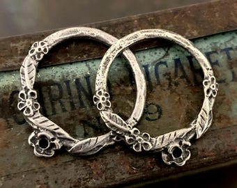 Flower Hoop, Pewter Charms, Aged, Rustic, Earring Charms Findings, Artisan Handcrafted Handmade DIY Jewelry Making Connector Components