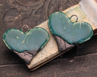 OOAK Ceramic Heart Charms, 30mm wide, Turquoise/Black, Glazed Stoneware, Handmade Jewelry Making Supply, Artisan Components
