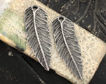 Feather Charms Aged Finish, Handcrafted, Artisan, Jewelry Making Components, Handcast Pewter, Silver Metal, Supplies
