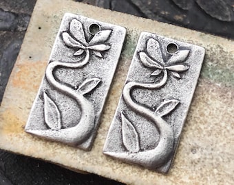 Stylized Flowers, Aged Finish, Charms, Nature, Floral, Jewelry-making, Pewter Components, Handmade Crafting Metal Jewelry Supplies, Artisan