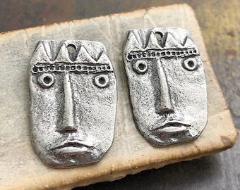 Crowned Face Charms Polished, Handcrafted, Artisan, Handmade DIY Jewelry Making Components, Handcast Pewter, Silver Metal, Supplies