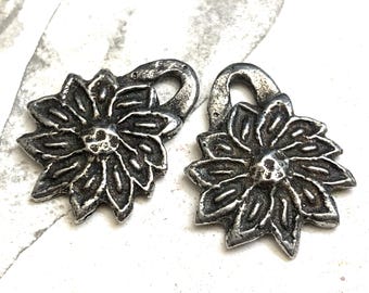 Flower Charms, Polished, Floral, Artisan Crafted DIY Jewelry Making Components, Silver Metal, Pewter, Handmade