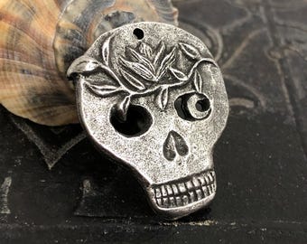 Skull & Vine Pendant, Aged Finish, Handcrafted, Artisan, Jewelry Making Components, Handcast Pewter, Silver Metal, Supplies