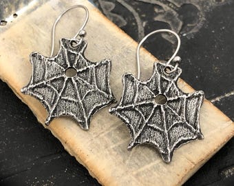 Web Earrings, Halloween, Aged Finish, Handcast, Pewter, Dangle, Handmade, Artisan