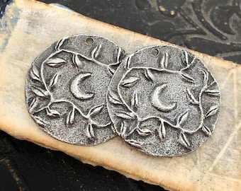 Moon & Vine Charms, Aged Finish, Handcrafted, Artisan, Jewelry Making Components, Handcast Pewter, Silver Metal, Supplies